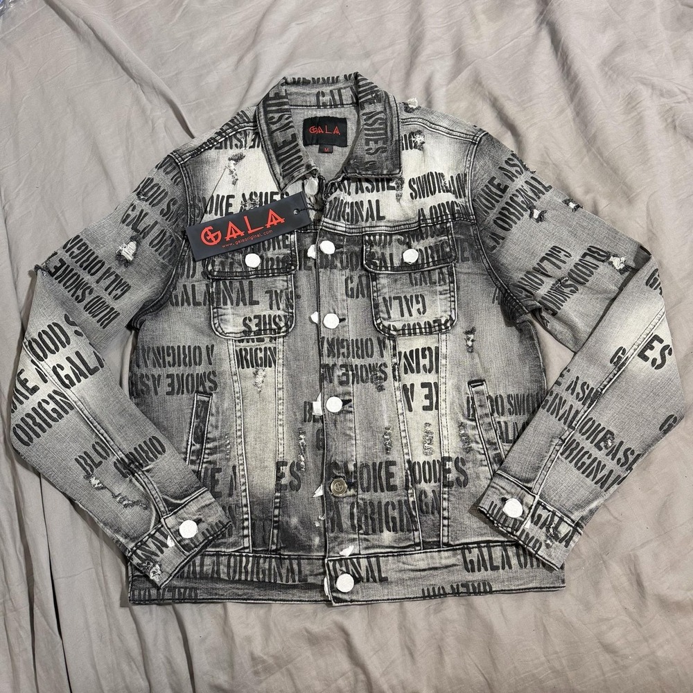 Gala Jacket Mens M Gray Denim Blood Smoke Ashes Graphic Distressed Bomber Grunge
